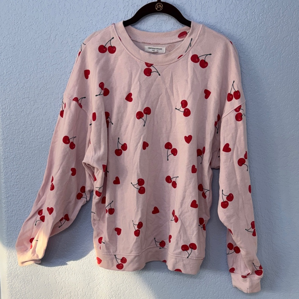 Grayson Threads Light Pink Sweatshirt Cherry/Heart Print Size Small